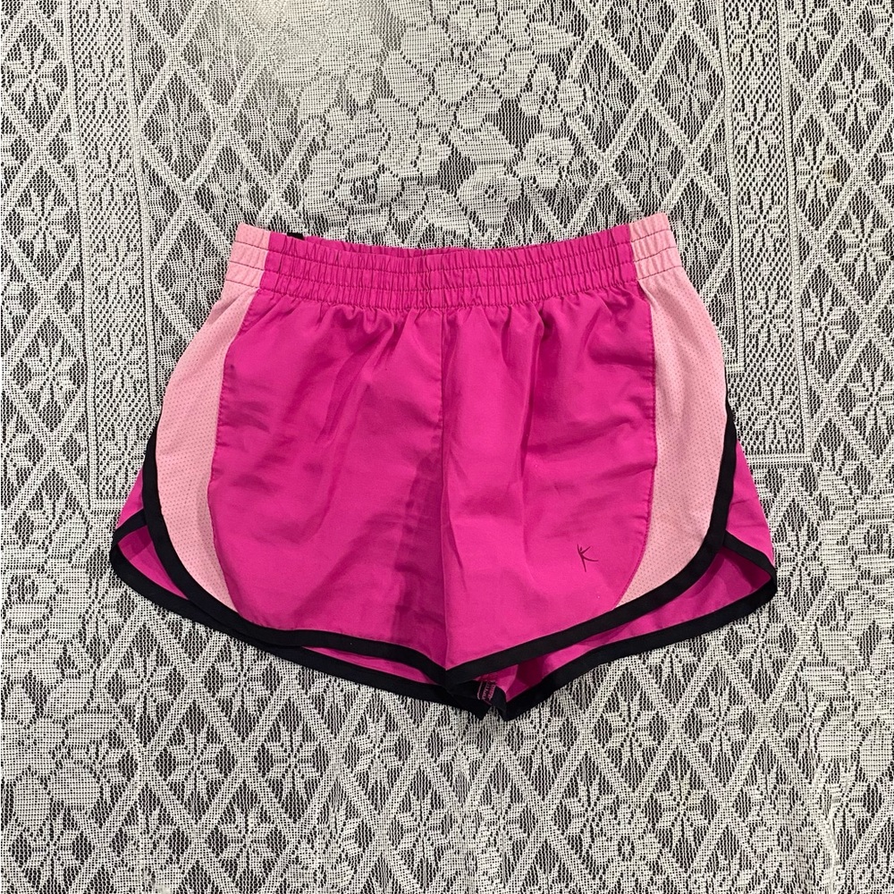 Athletic Shorts in Pink and Black with Curved Hem and Elastic Waistband